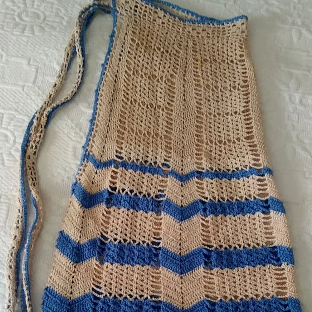 Vintage 1950s Hand Crocheted Hostess Half Aprons - Blue and White and Multicolor